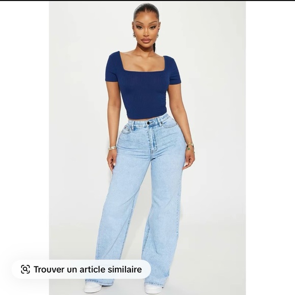 Blue Ribbed Crop Top and Light Blue Jeans - Picture 1 of 2